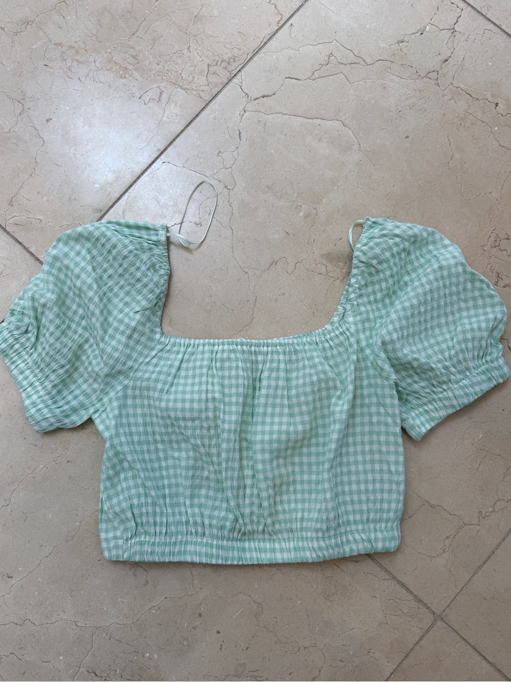 NWT Elodie Mint Gingham Puff-Sleeve Crop Top revolve brand xs